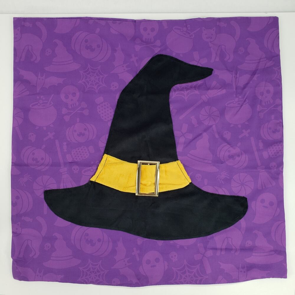 Set of 2 Halloween Witch Hat Purple Throw Pillow Covers 18 x 18 Witches Decor